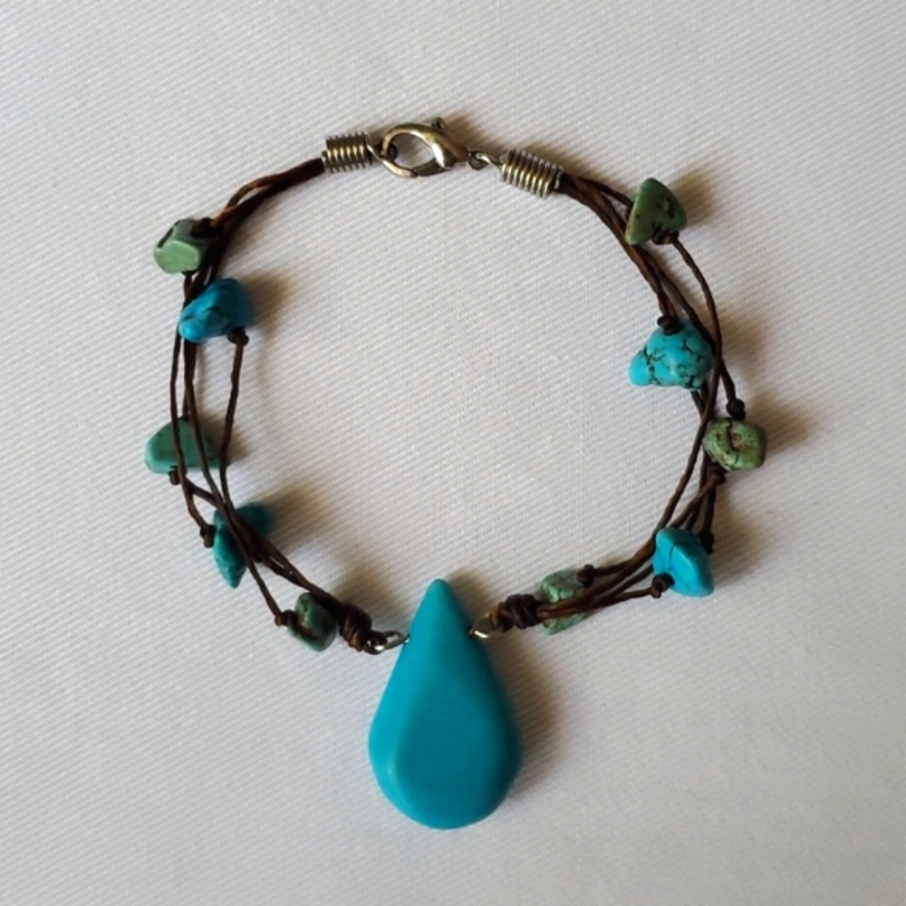 Handmade One of a Kind Turquoise Boho Bracelet, Knotted Small Beads Teardrop